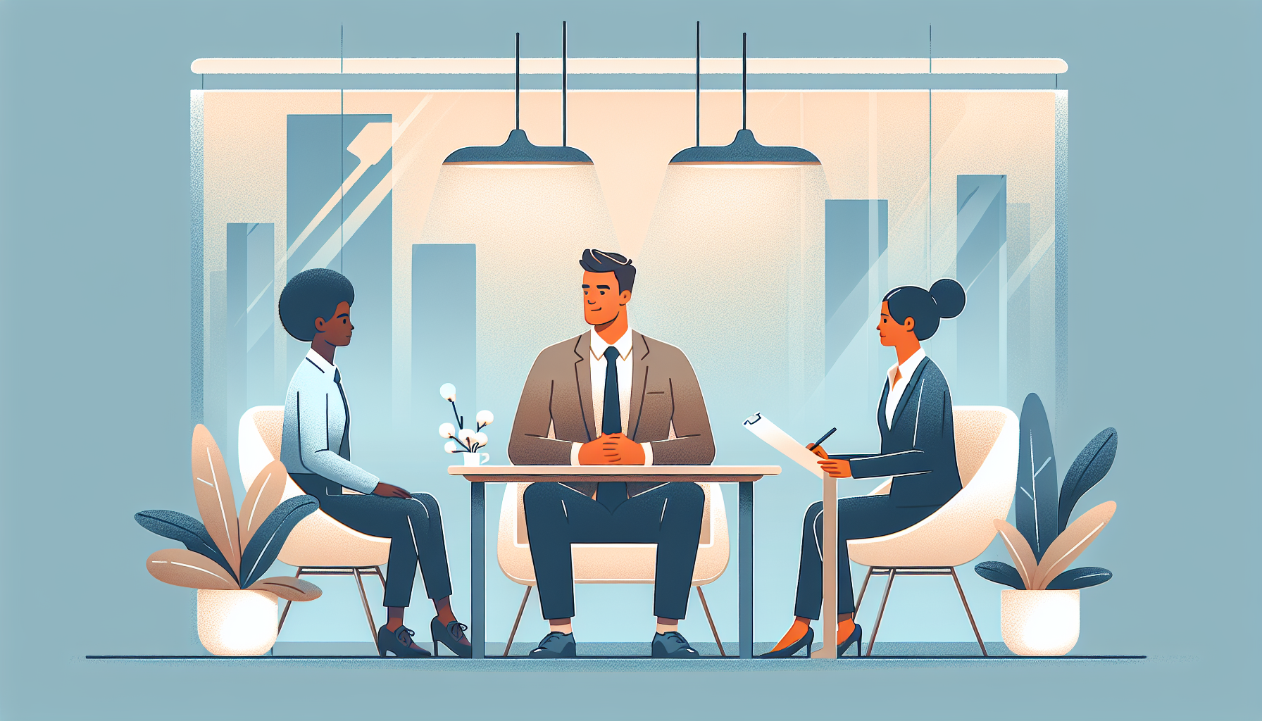A confident job candidate sitting across from two interviewers in a modern office with warm lighting