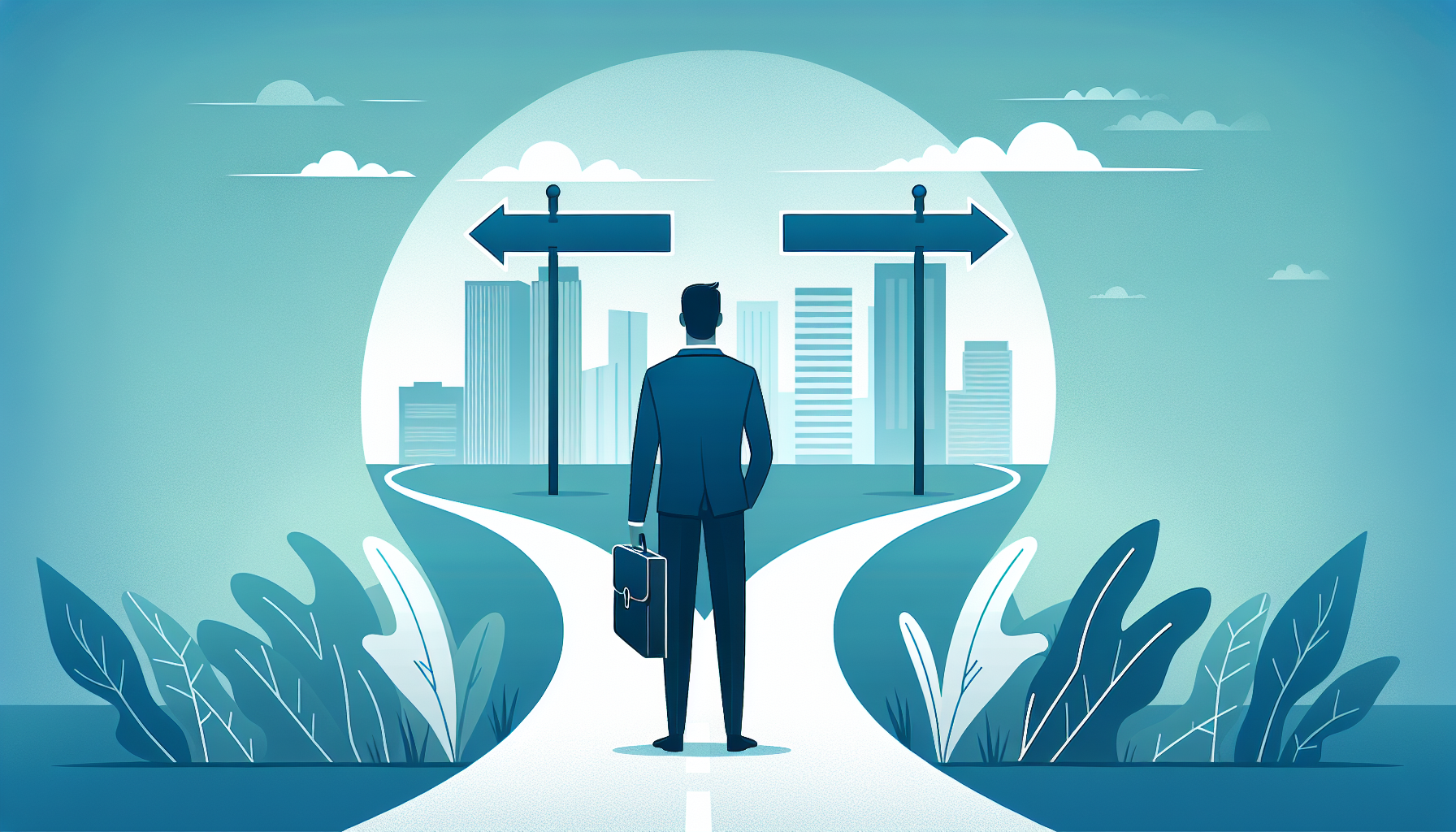 Professional at a crossroads between two career paths, modern minimalist illustration in blue and teal tones
