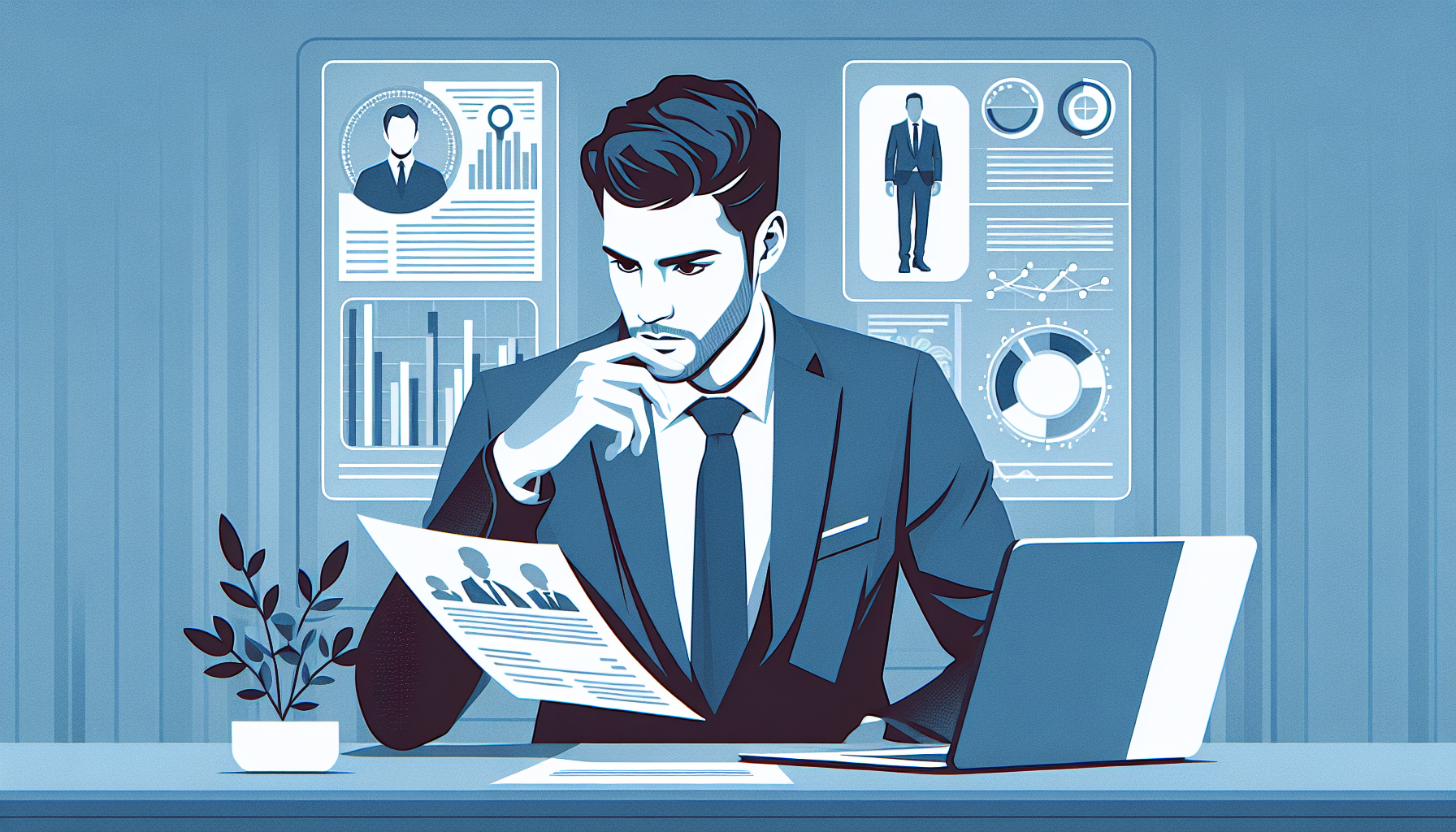 Data analyst reviewing resume with charts and data visualizations