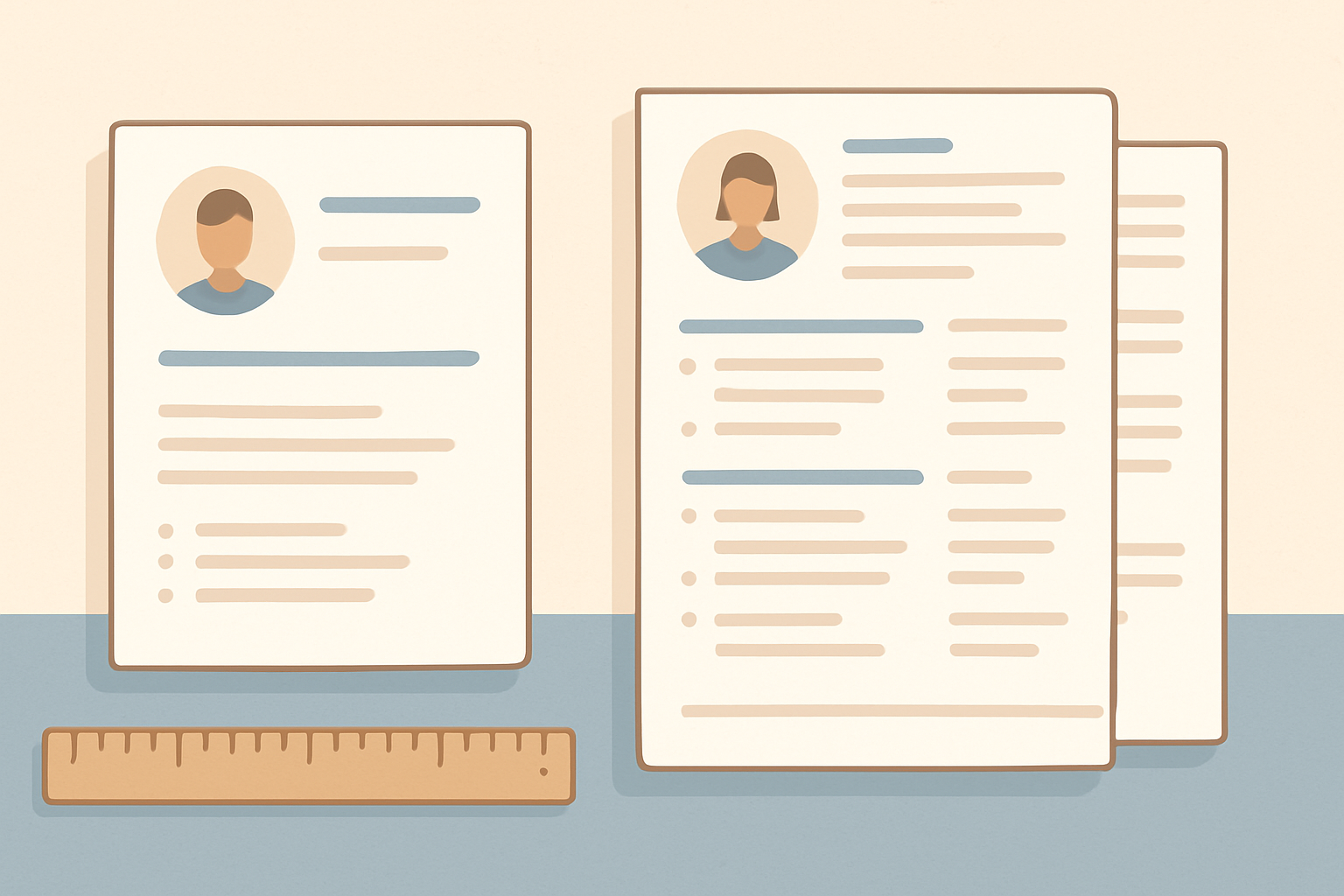 Flat illustration of a one-page resume next to a two-page resume with a ruler measuring them