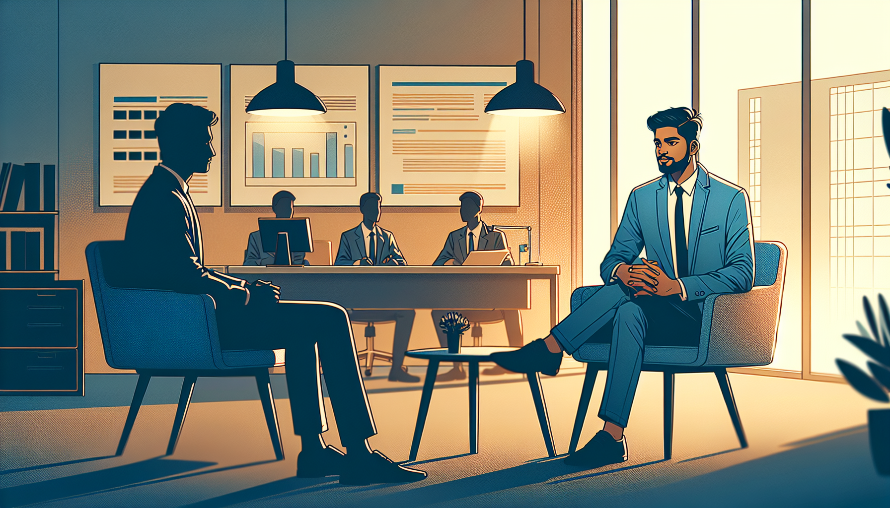 Person sitting confidently in a modern job interview with warm lighting