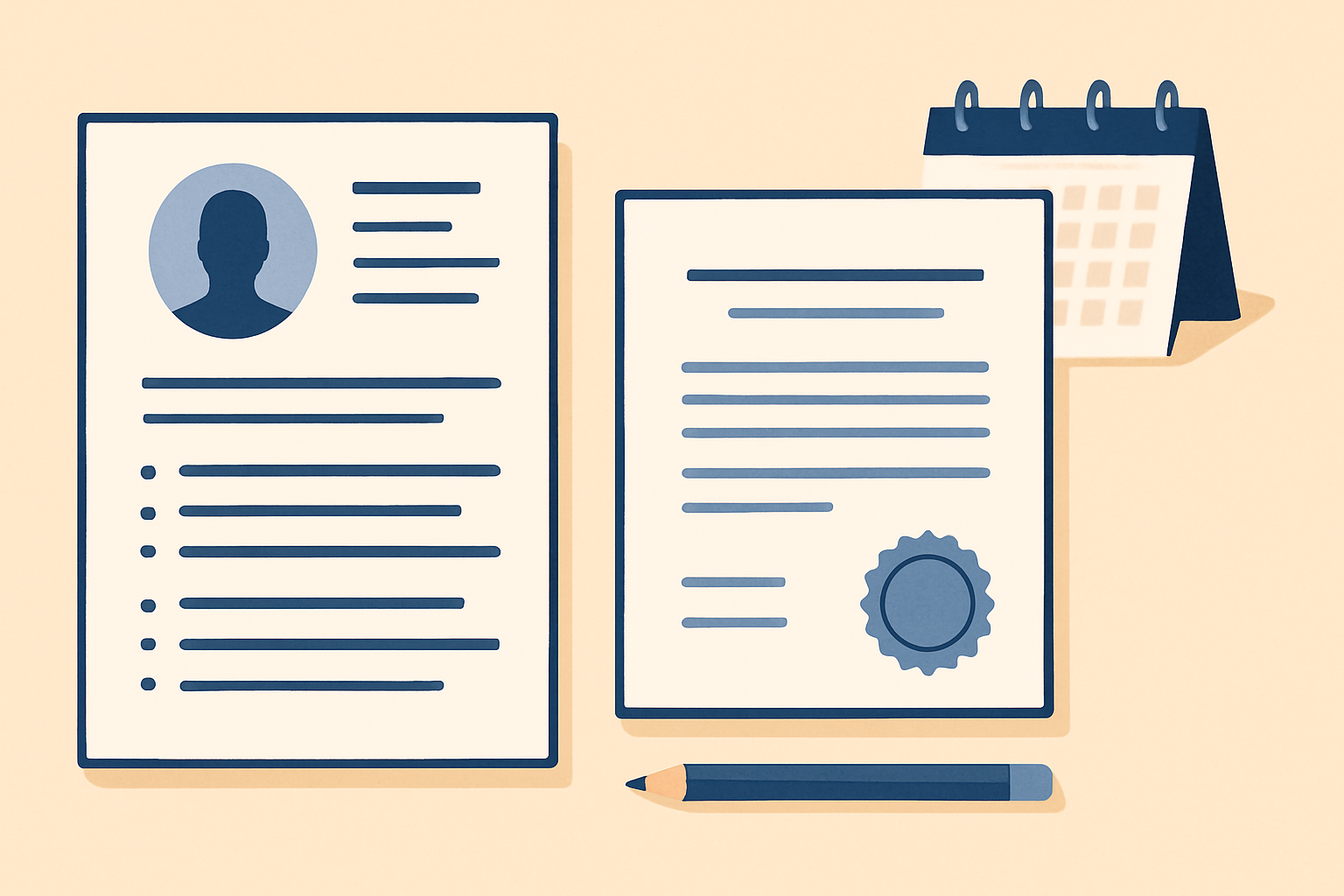 Editorial illustration of a resume beside a certification document with a blue seal and a pencil