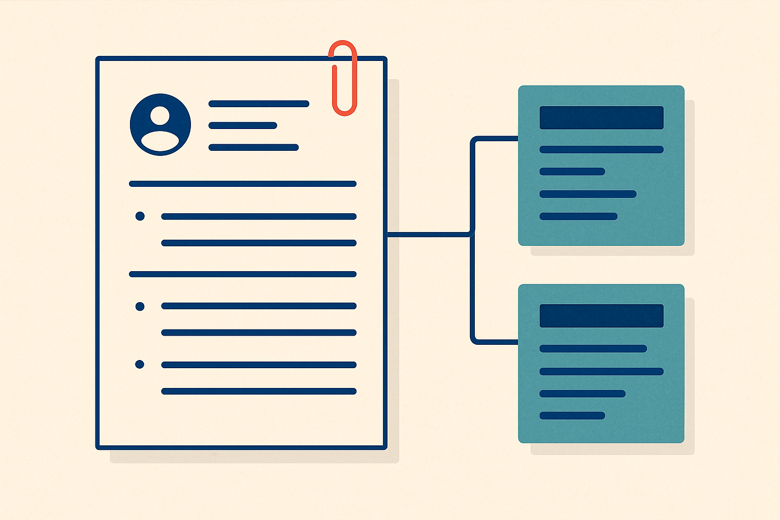 Illustration of a resume linked to two assignment cards on a cream background