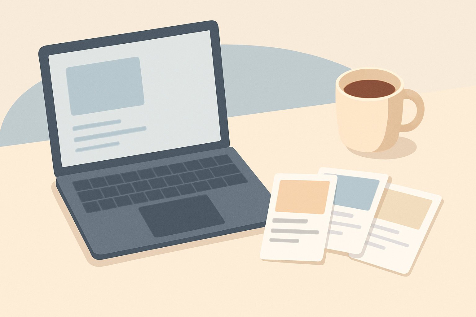 Illustration of a laptop on a desk with project cards fanned out beside it