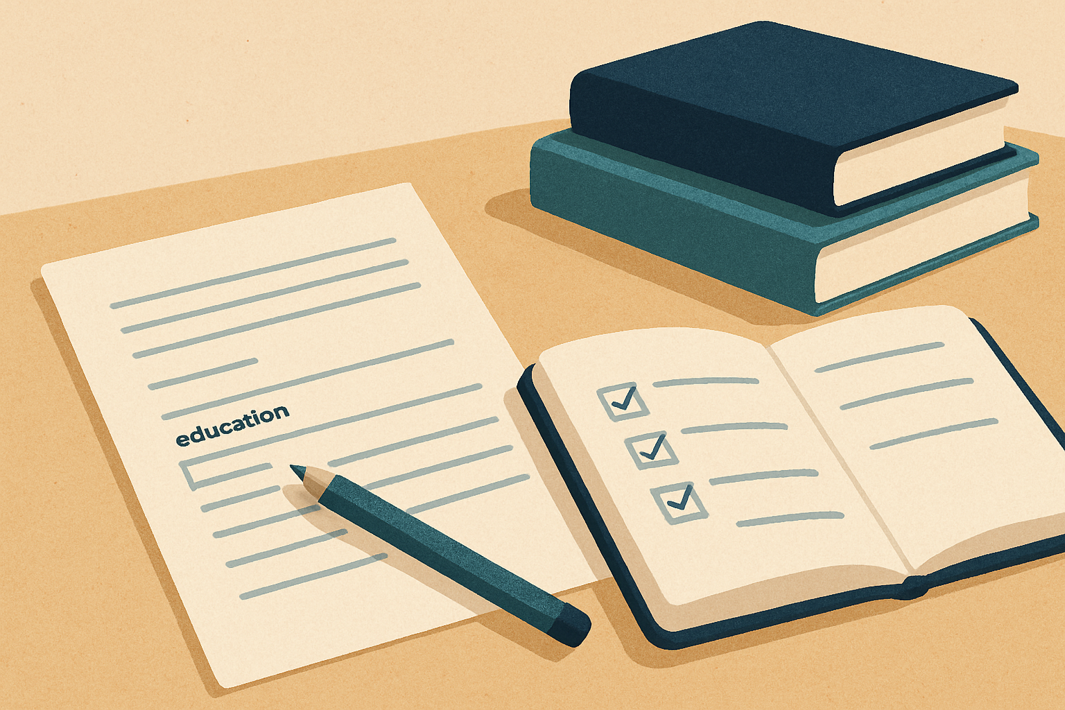 Illustration of a resume beside a notebook with checked course boxes, textbooks and a blue pencil