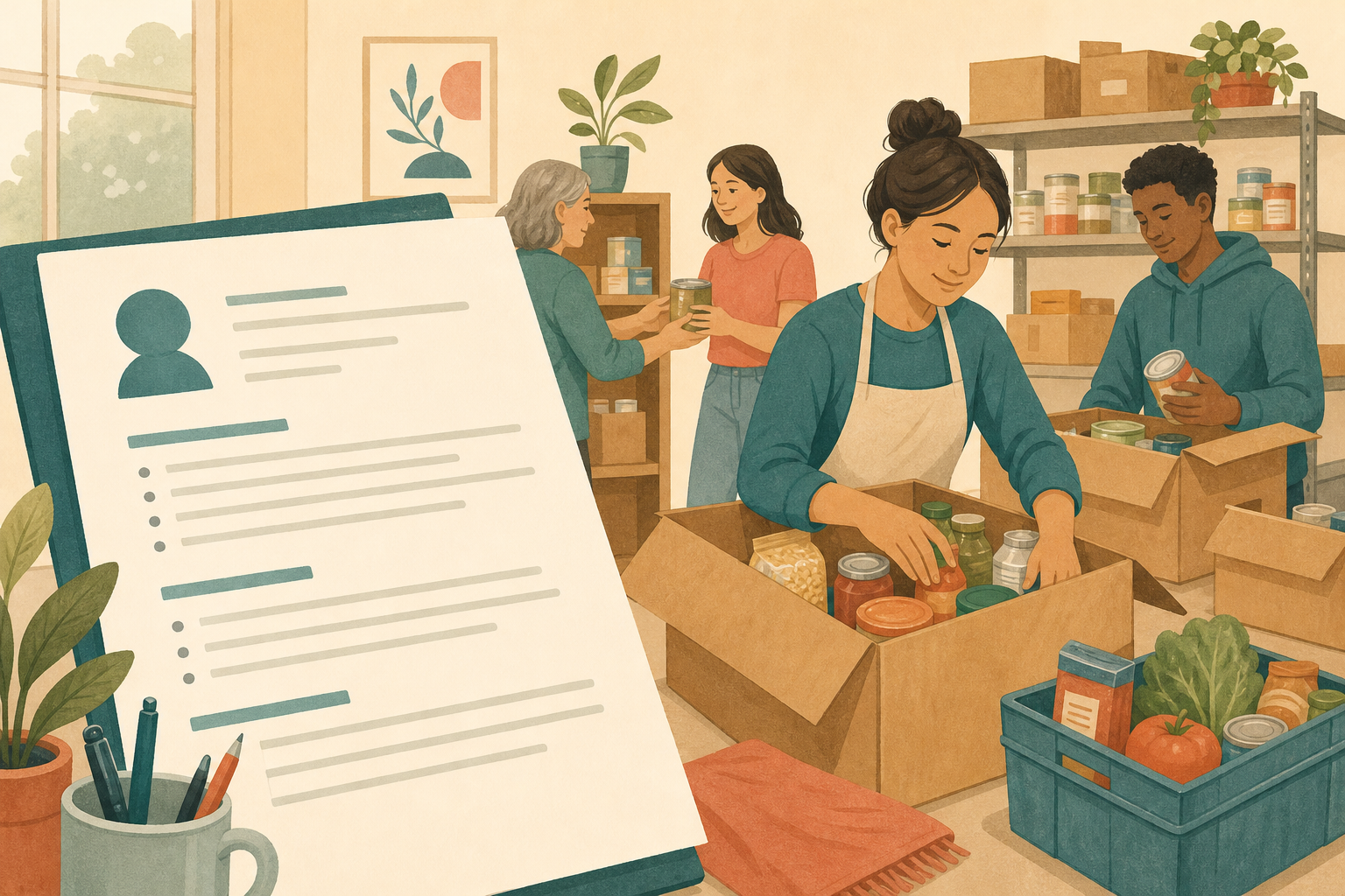 Illustration of a resume beside volunteers packing donated food into boxes at a food pantry.