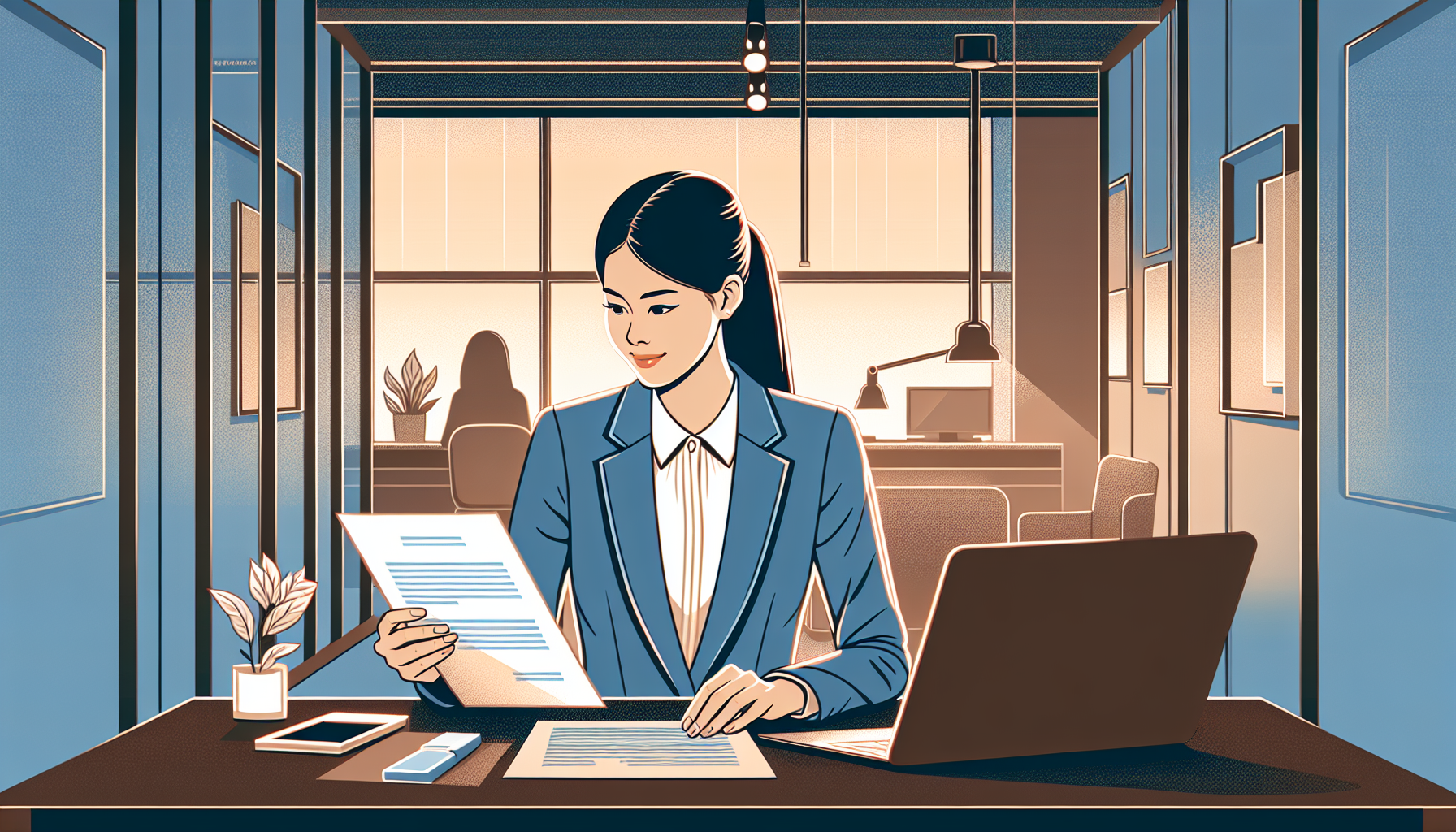 Professional reviewing a job offer letter at a desk in a modern office