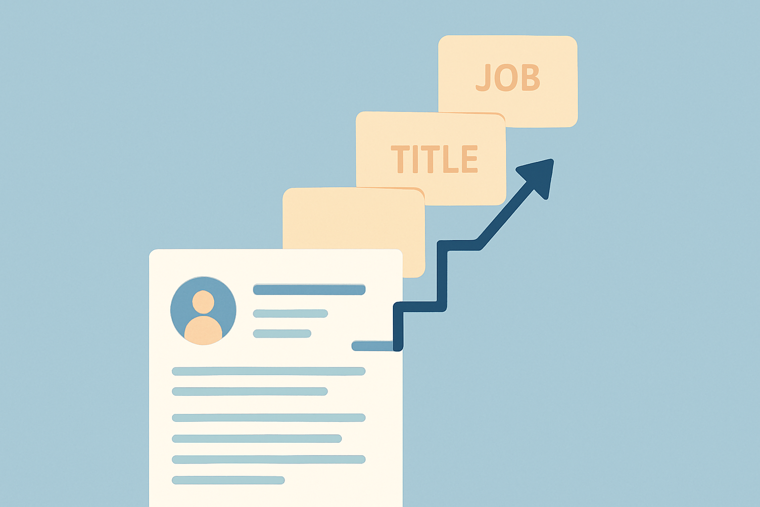 Illustration of a resume with job title cards rising like a staircase, showing a promotion