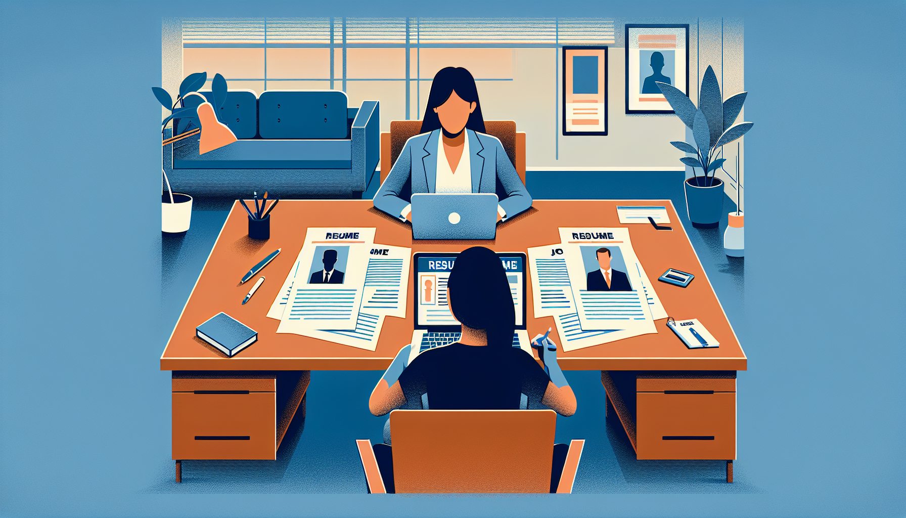 Person at a desk with multiple resume versions and a laptop showing a job posting in a warm modern workspace