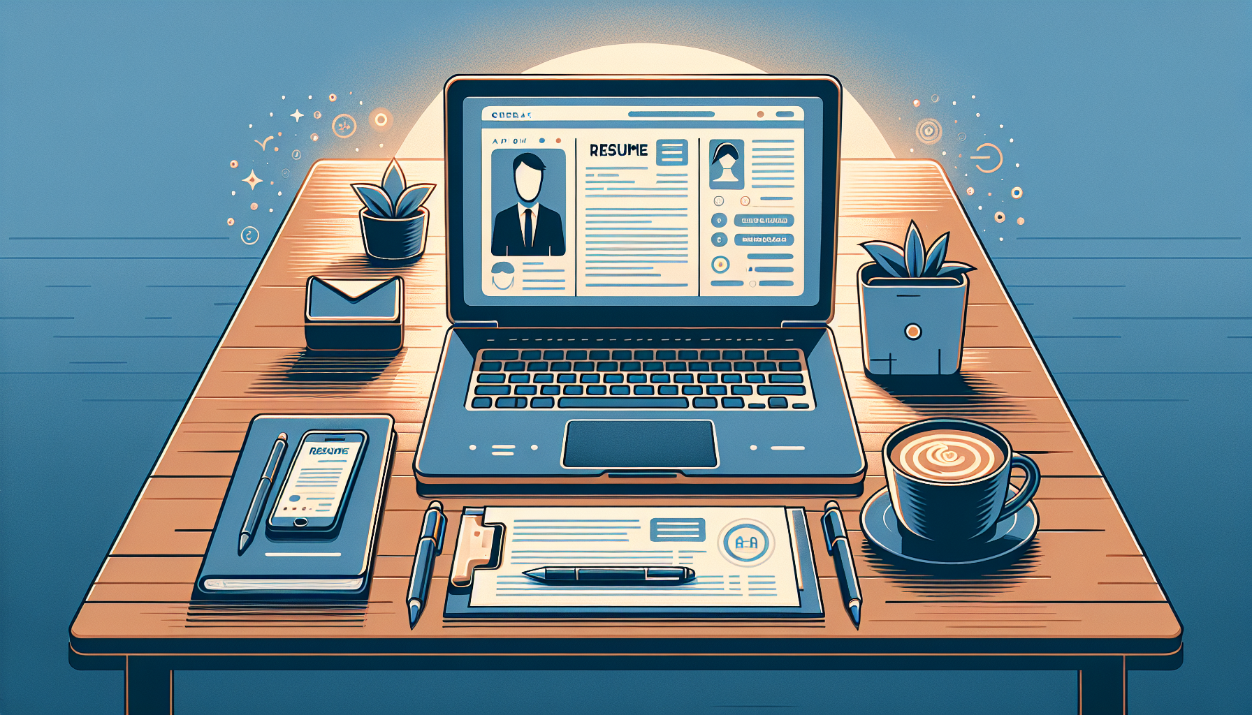 A laptop on a wooden desk displaying a resume next to a job listing, with warm lighting and a coffee cup nearby
