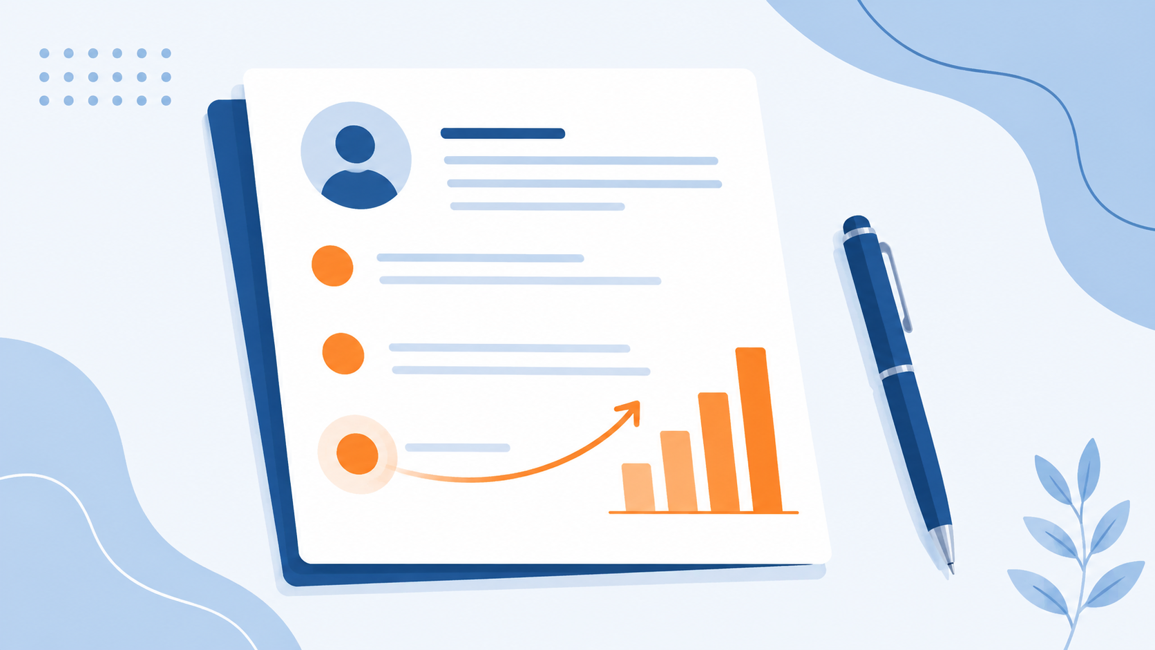 Resume document with highlighted bullet points, one turning into a rising bar chart
