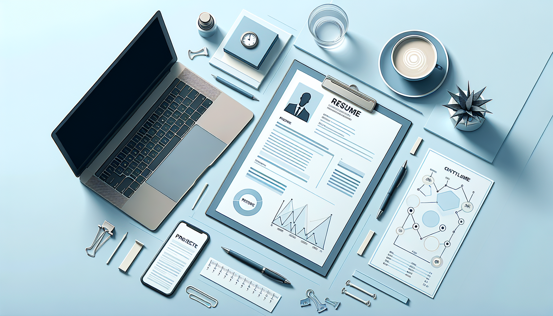 Modern desk workspace with a project manager resume, timeline chart, and coffee cup