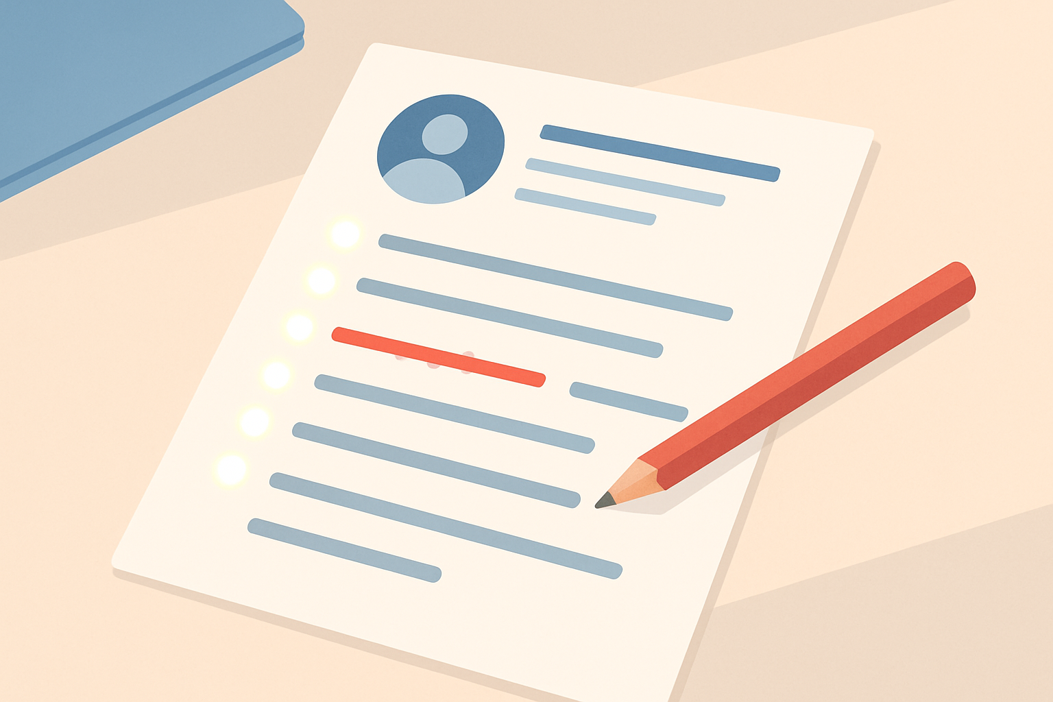 Flat illustration of a resume with highlighted bullet point verbs and a red pencil crossing out a weak word