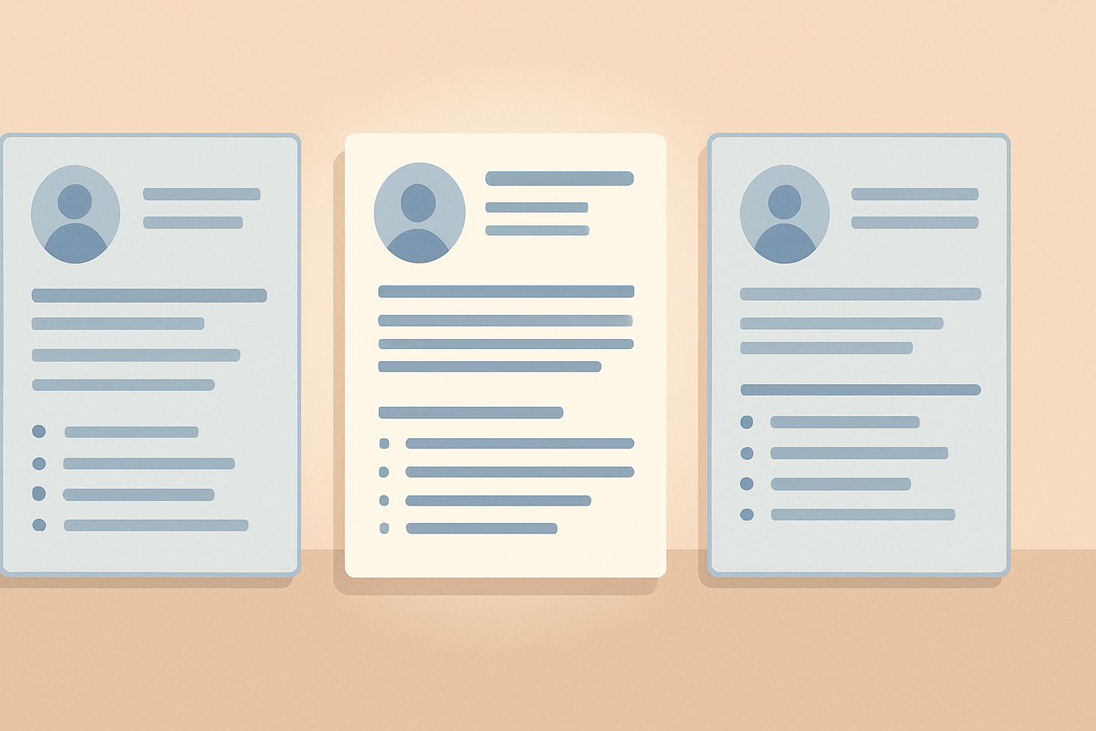 Flat illustration of three resume layouts side by side on a desk, one highlighted