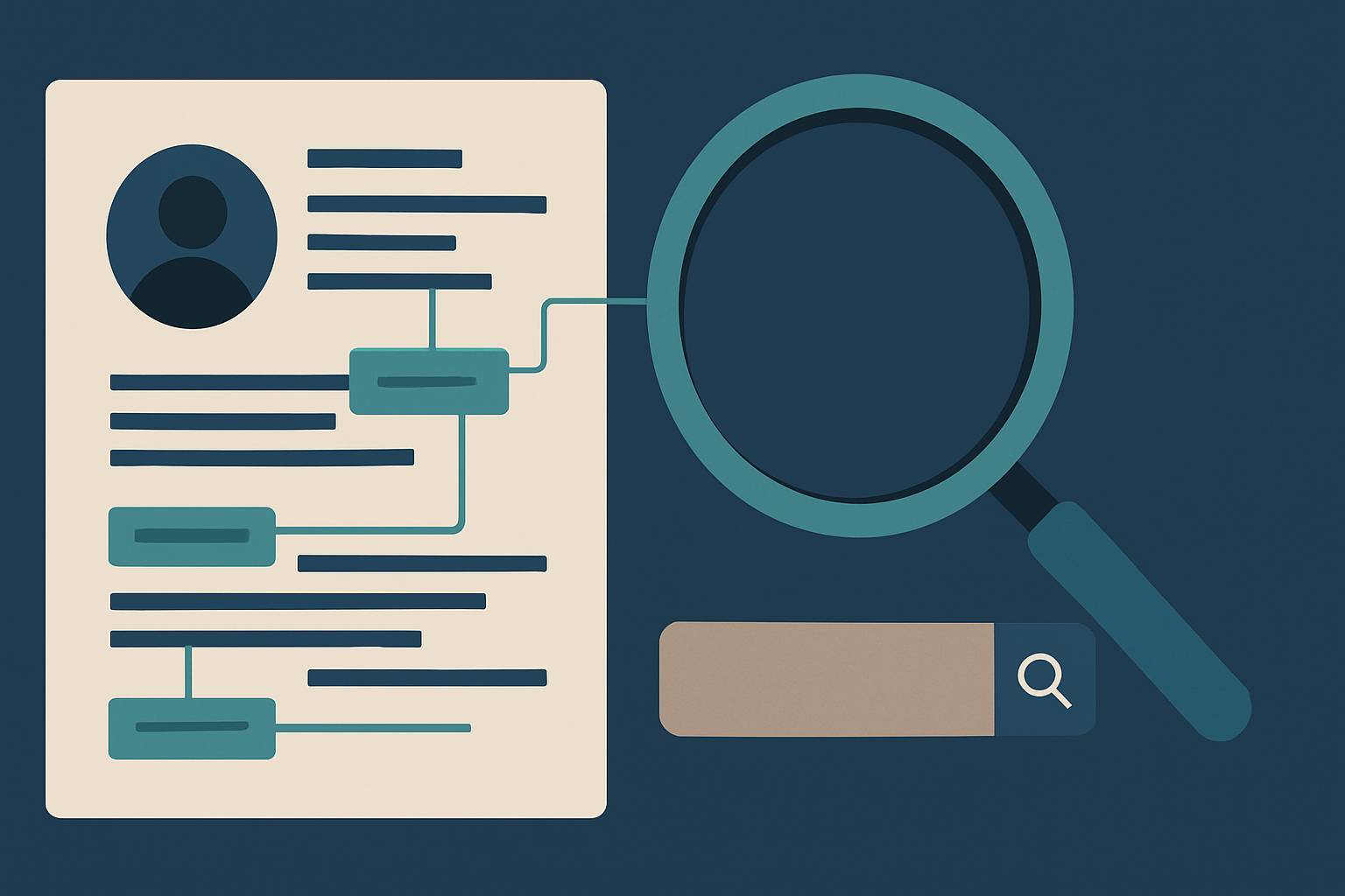 Flat illustration of a resume with highlighted words connected to a magnifying glass over a search bar